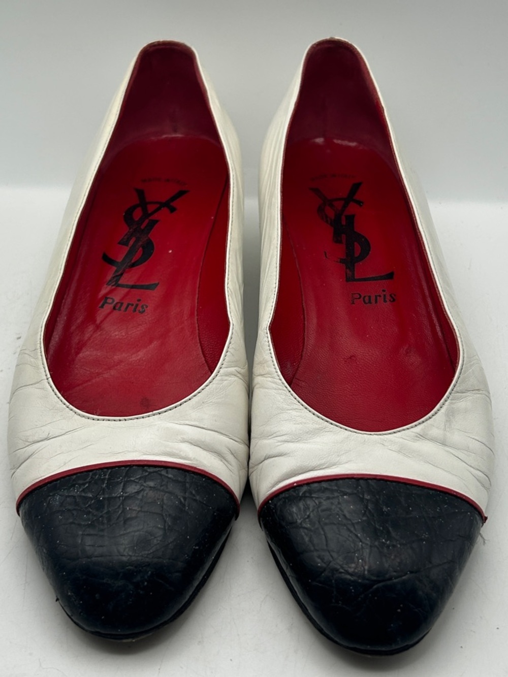 YSL Cap Toe Pumps Leather Vintage Shoes Womans 10 Black White Old Money - Picture 8 of 15